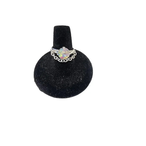 Vintage Faceted Crystal Chain Adjustable Ring Silver Tone - Picture 1 of 3